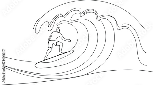 Surfer riding a breaking wave in continuous line art style