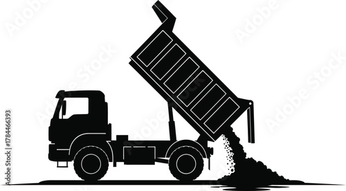 Silhouette of a dump truck unloading materials, isolated on white background, showcasing construction equipment and industrial transportation in a vector graphic