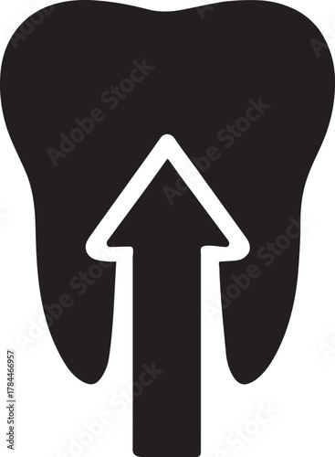 Tooth silhouette with upward arrow from root, symbolizing eruption and growth concept.