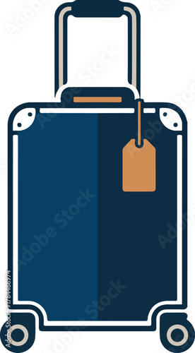 Dark blue travel suitcase vector illustration with a brown luggage tag and retractable handle for vacation concepts