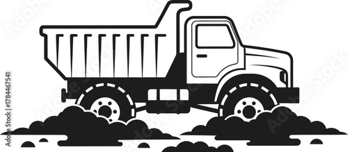 Black and white vector illustration of a dump truck isolated on white background, perfect for construction, transportation, or industrial design projects