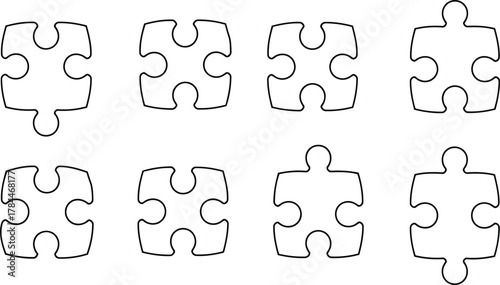 Eight outline puzzle pieces arranged in two rows