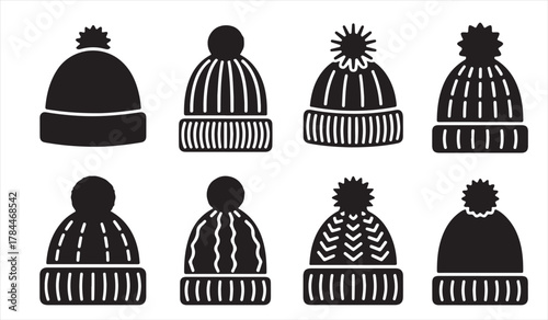 Knitted winter hats vector set representing cozy wool fashion accessories for cold weather