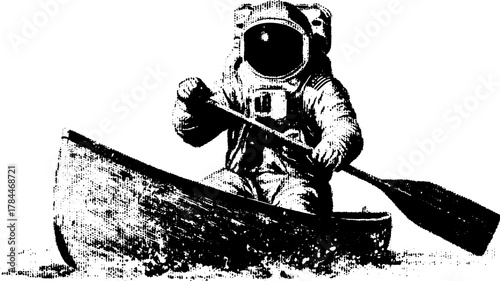 Astronaut paddling a kayak in a vintage silhouette style. This hand-drawn vector illustration showcases a retro aesthetic with an outline design.