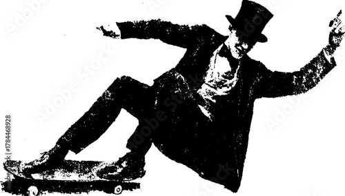 Silhouette of a man on a skateboard. This hand-drawn black outline illustration showcases vintage style and dynamic movement in a vector format.