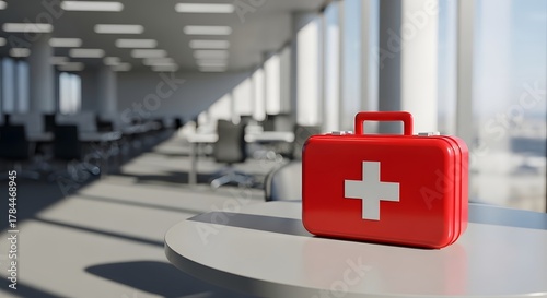 Modern workplace safety with first aid kit ready for emergencies in open office space promoting health and wellness for employees, be prepared