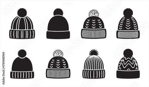 Black silhouette collection of winter beanies with pompom for warm clothing illustration