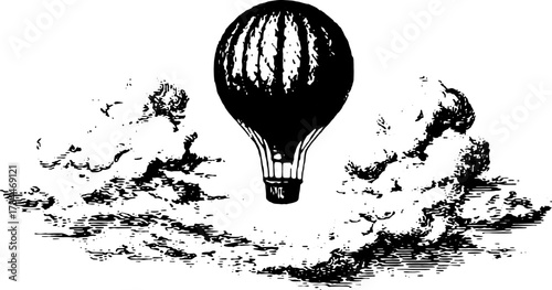 Hot air balloon illustration in engraving style. Vintage outline art featuring clouds and scenic details, great for creative projects or decor vector.