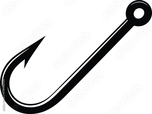 Simple black silhouette of a fishing hook on a white background