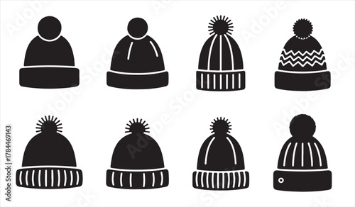 Set of cozy knitted caps in silhouette style for cold season fashion and apparel design