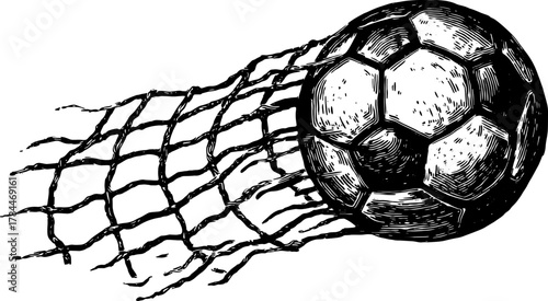 Soccer ball in motion heading towards the goal. Vintage illustration capturing the essence of the sport in a vector format. Set of elements showcases the game.