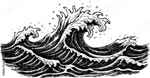 Wave illustration in a vintage engraving style. Detailed black and white vector artwork captures ocean motion in a retro design set.