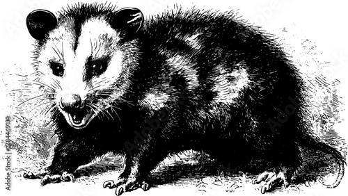 Vintage engraving of a possum. Detailed black and white illustration showcasing the animal's features in a vector format.