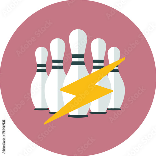 Five bowling pins with a striking yellow lightning bolt vector icon representing speed power and a perfect strike