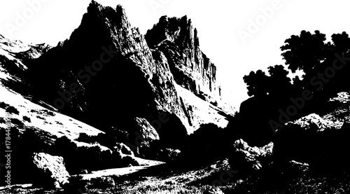 Vintage engraving of mountains and landscape in black and white. This detailed vector illustration emphasizes contrast and nature in a simple set.