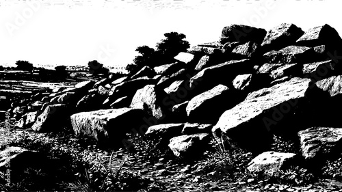 Illustration of rocks and stones in a vintage line drawing style. Black vector artwork showcases detailed outdoor landscape scenery.