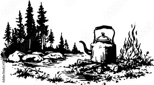 Vintage kettle on a campfire surrounded by rocks. Classic black line vector illustration in a wilderness set.