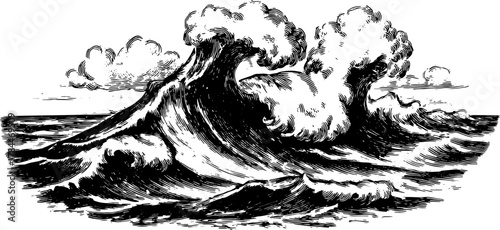 Wave illustration in vintage engraving style. Black and white seascape vector illustration showcasing natural ocean movement and texture.