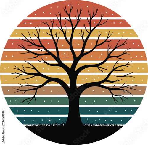 Silhouette of a bare tree against a vibrant retro sunset circle