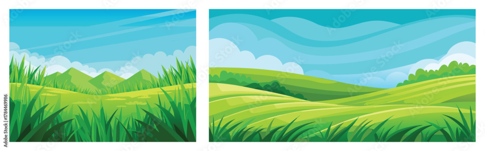 Fototapeta premium Cartoon landscape vector background with green field, hills, and blue sky illustration design