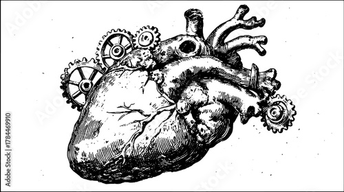 Heart with mechanical gears. Vintage black and white vector illustration showcasing intricate details in a biomechanical set.