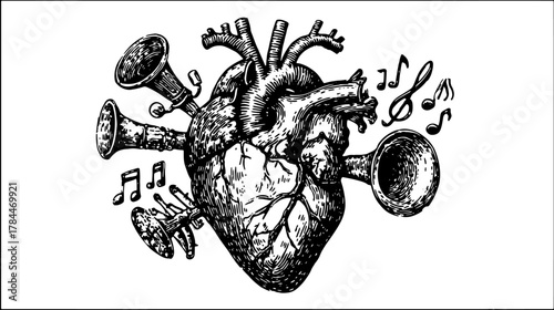 Heart illustration featuring musical instruments and notes in vintage black and white outline style. Unique vector set emphasizing rhythm.