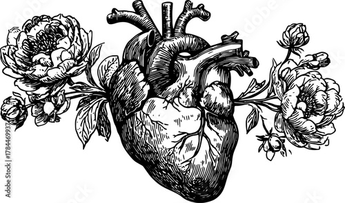 Vintage heart with detailed flowers in outline style. Black and white vector illustration showcasing classic design elements.