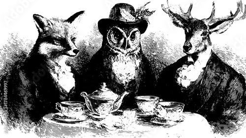 Owl, fox, and deer in suits having tea. Vintage black and white vector illustration of an anthropomorphic animal set.