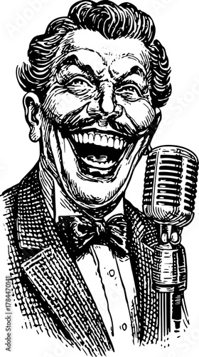 Singer with vintage microphone and bowtie in a black and white illustration. Classic cartoon vector set depicting a happy entertainer.