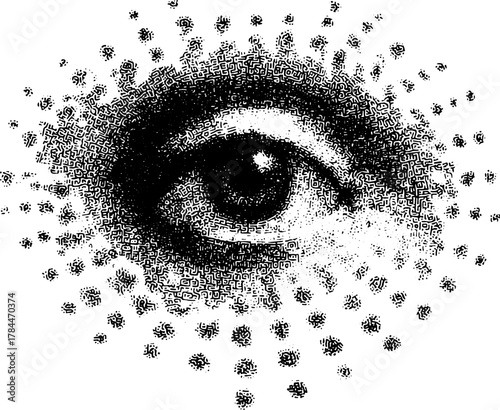 Eye illustration in black and white. Detailed vector graphic design showcasing abstract patterns and textures, emphasizing perception and identity.