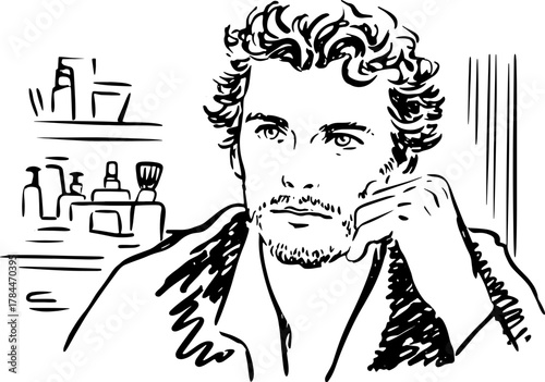 Illustration of a man in a thoughtful pose, created in a black and white vector style. The image captures a casual and professional grooming context.