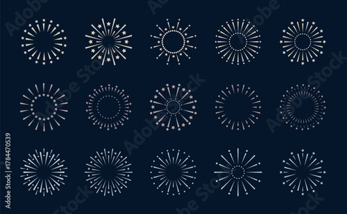 A set of fireworks icons, vector illustration, isolated on a dark background. A graphic element for design, decoration, holiday, postcard, poster, Christmas. Sparks, lights, flashes in the sky