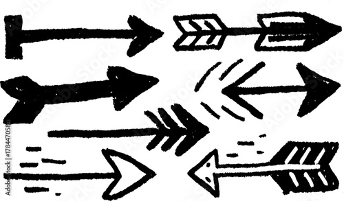 Black arrow graphics in sketch style. Vector illustration featuring simple shapes and clean lines in a cohesive set.