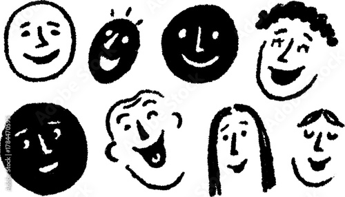 Set of cartoon faces with various expressions. Simple black and white vector illustration highlighting emotions and characteristics in a creative style.