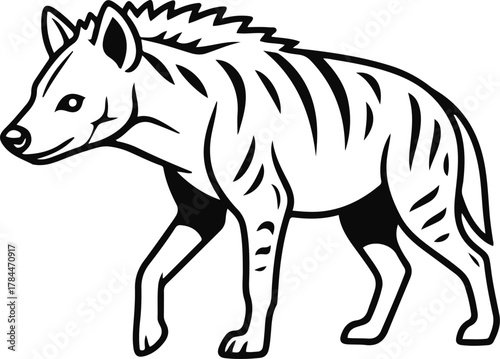 A black and white drawing of a hyena walking with stripes on its body and a white background view