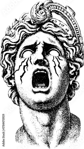 Screaming male statue with an expressive face. Classical black and white vector illustration emphasizing sorrow and emotion in a vintage style.