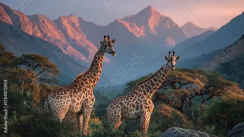 Fototapeta Two giraffes stand majestically as sunlight illuminates trees before beautiful mountains at dusk