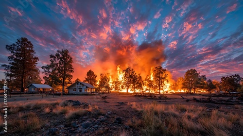 A raging wildfire consumes trees near rural houses under a vivid sunset sky