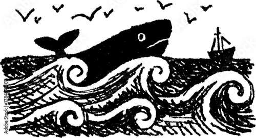 Whale silhouette emerging from waves. Hand-drawn black outline vector illustration with a ship and birds in the ocean set.