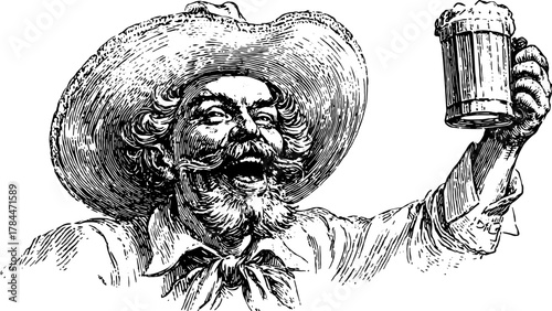 Antique engraving of a happy male figure holding a beer. This hand-drawn vector illustration features a retro silhouette and vintage style.