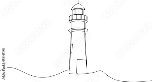 Black outline of a lighthouse on wavy ground black and white