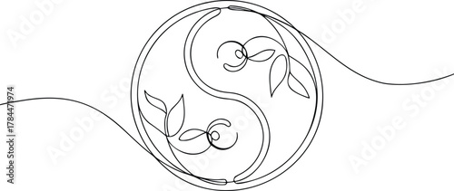 Yin Yang symbol with swirling leaves and vines taijitu