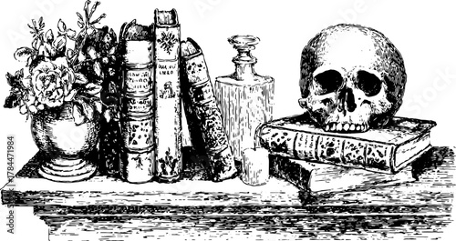 Vintage engraving illustration of a skull, books, and a vase with flowers on a shelf. A detailed vector artwork set.