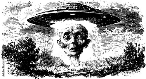 Antique engraving artwork featuring a silhouette and UFO. This vintage vector illustration includes intricate details, creating a distinctive visual representation.