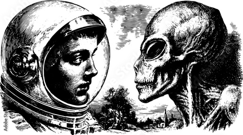 Astronaut facing alien silhouette in vintage vector illustration. Stipple print set, depicting a dialogue between two intriguing characters.