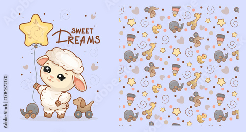 Cute Lamb with Star Balloon and Toy Pattern Illustration