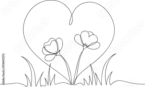 Heart shaped outline with two flowers and grass love
