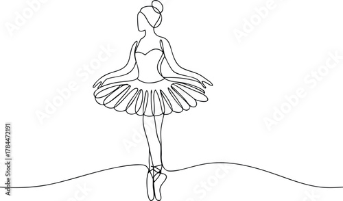 Single line drawing of a ballerina in a tutu ballet