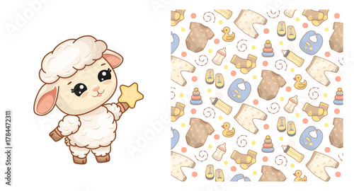 Cute Lamb Holding Star with Baby Items Seamless Pattern