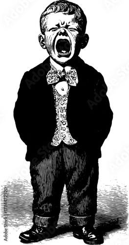 Engraved silhouette of a boy yelling, showcasing vintage style in a classic design. This black outline illustration features vector elements.